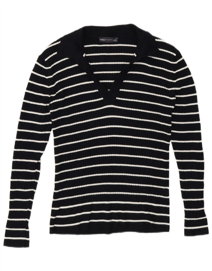 Marks & Spencer Dame Polo Neck Jumper Sweater UK 14 Mellem blå stribet