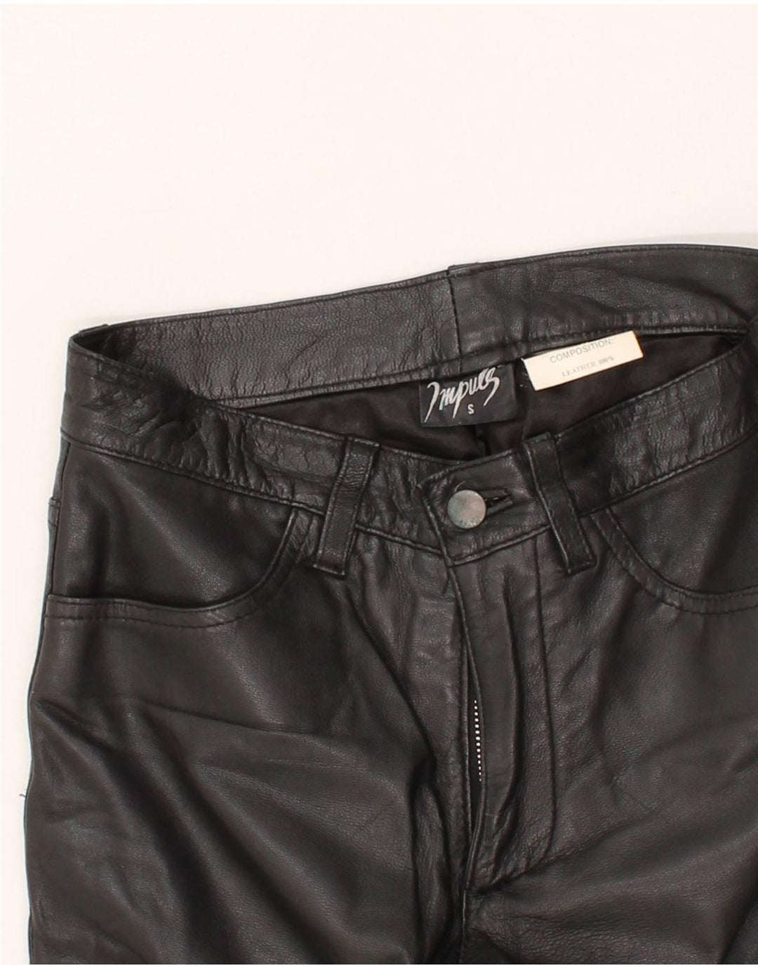 IMPULS Womens Leather Trousers Small W28 L30 Black Leather Vintage Impuls and Second-Hand Impuls from Messina Hembry 
