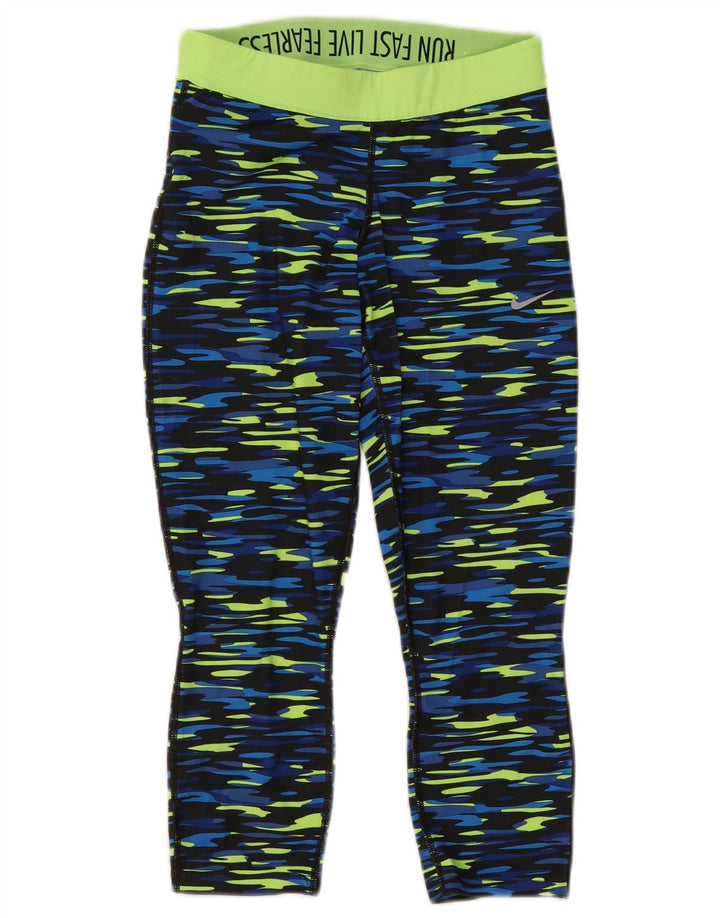Nike Dame Dri Fit Capri Leggings UK 10 Small Blue Camouflage Polyester
