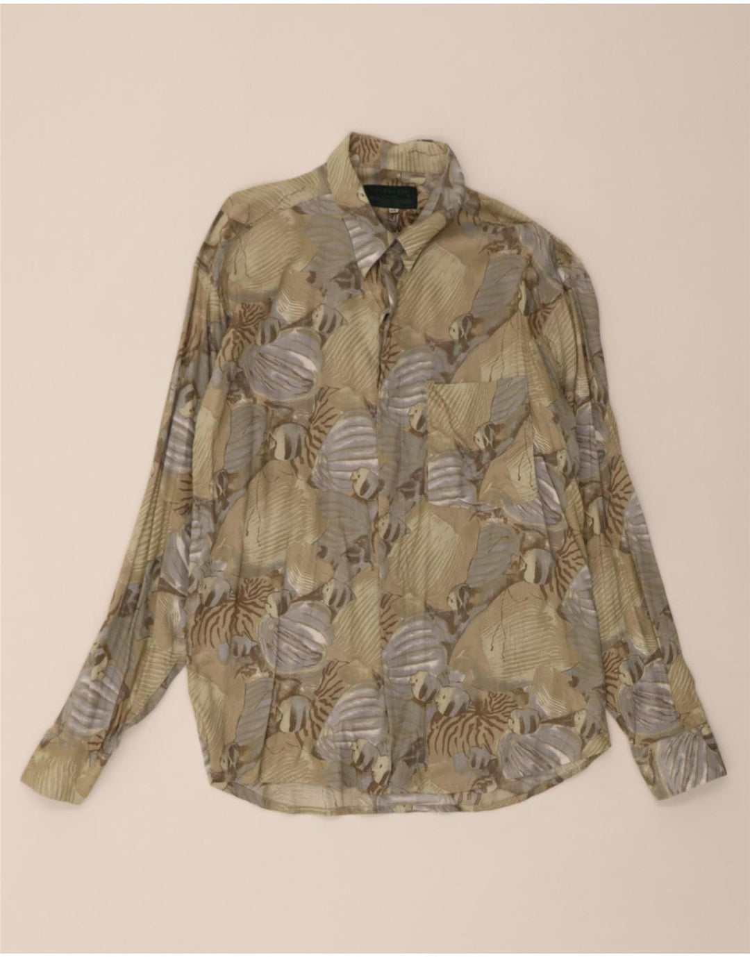 VIA VENETO Mens Graphic Shirt Size 39/40 Medium Khaki Vintage Via Veneto and Second-Hand Via Veneto from Messina Hembry 