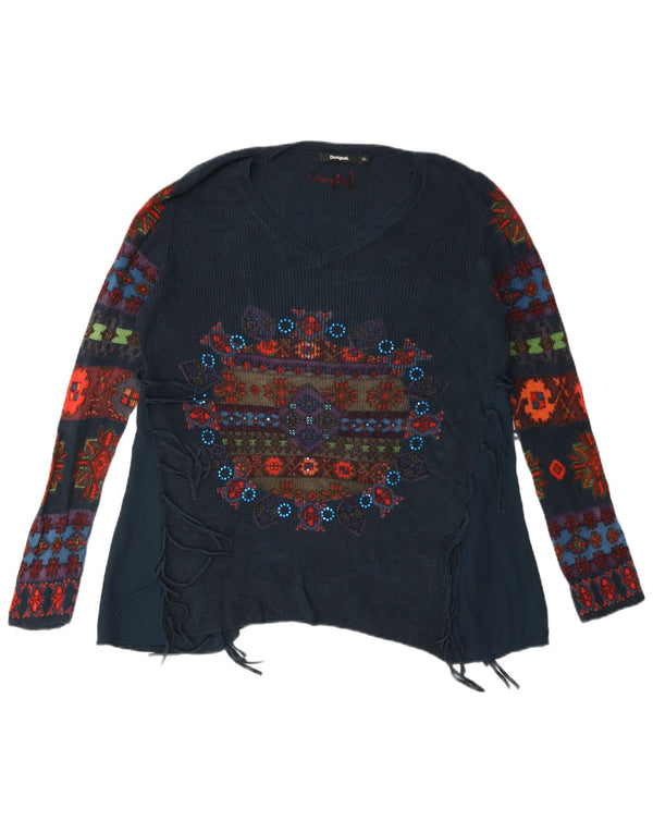 Desigual Dame Grafisk V-hals Jumper Sweater UK 18 XL Navy Blue Floral