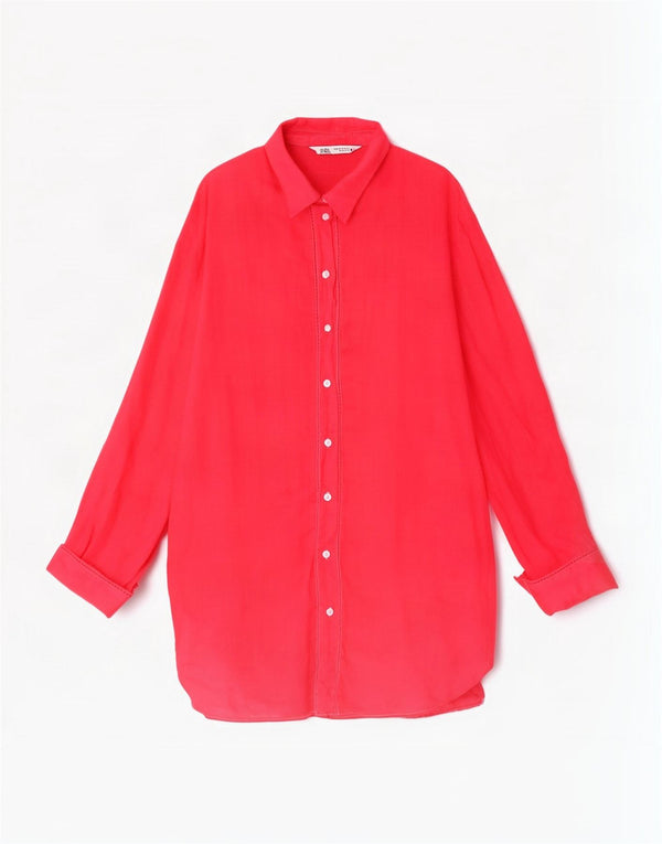 Zara Kvinders Oversized Skjortekjole UK 6 XS Pink Ramie