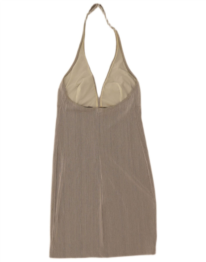 Vintage Womens Mini Halter Dress UK 12 Medium Grey Striped Polyamide