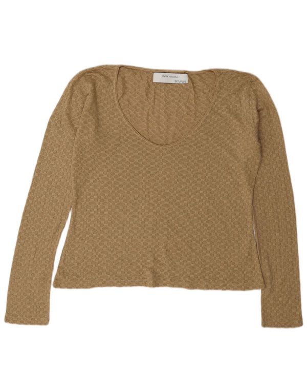Zara Dame V-hals sweater UK 16 Stor Beige Akryl