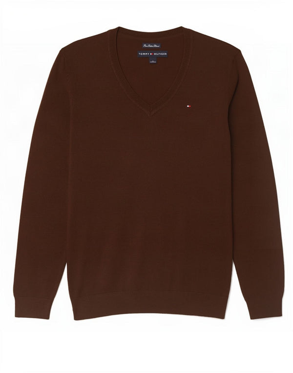 Tommy Hilfiger Womens V-Neck Jumper Sweater UK 12 Medium Brown Cotton