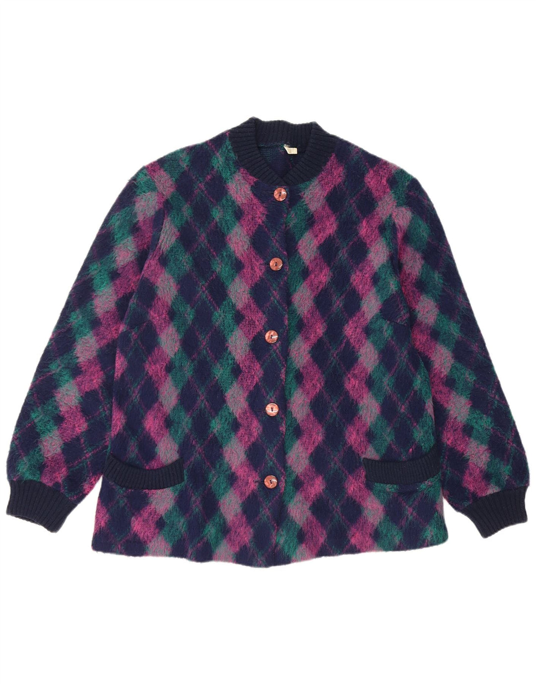 Vintage dame cardigan sweater EU 50 3XL flerfarvet Argyle/Diamond Wool