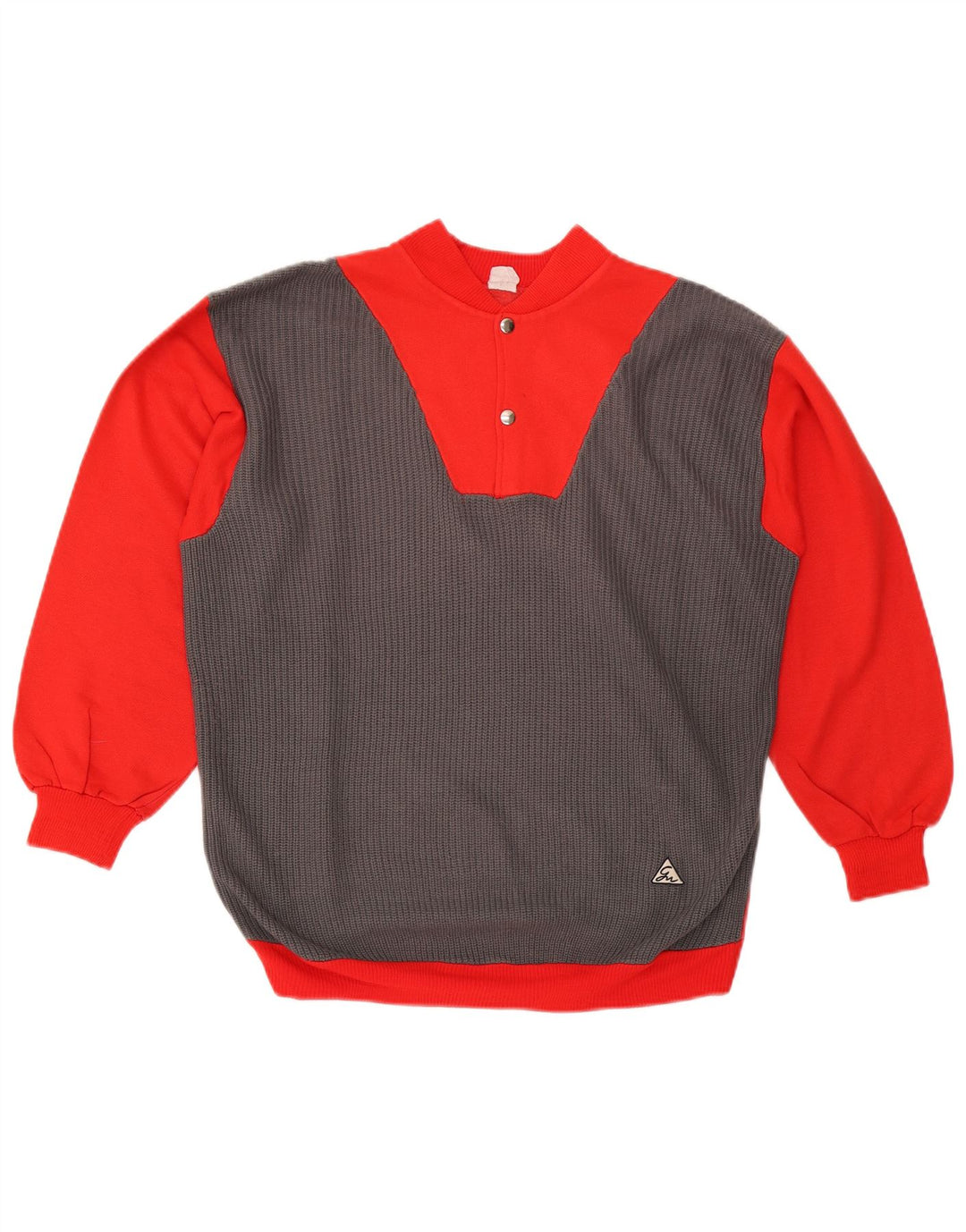 VINTAGE Herre Button Neck Sweatshirt Jumper Medium Rød Colourblock