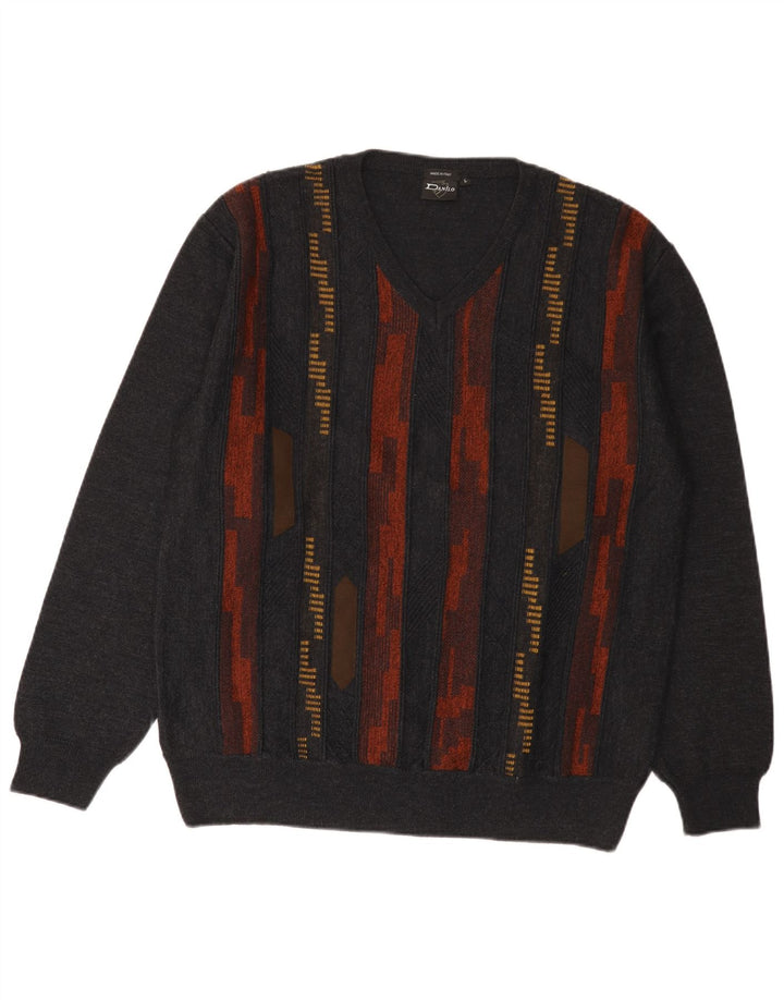 Danilo Herre V-hals sweater Stor grå stribet polyakryl