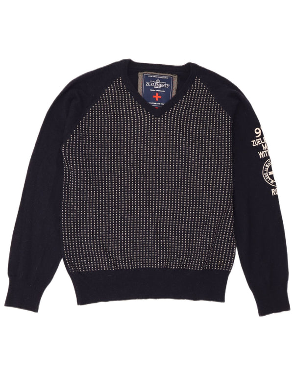 Zu Elements Herre grafisk V-hals sweater XL marineblå geometrisk uld