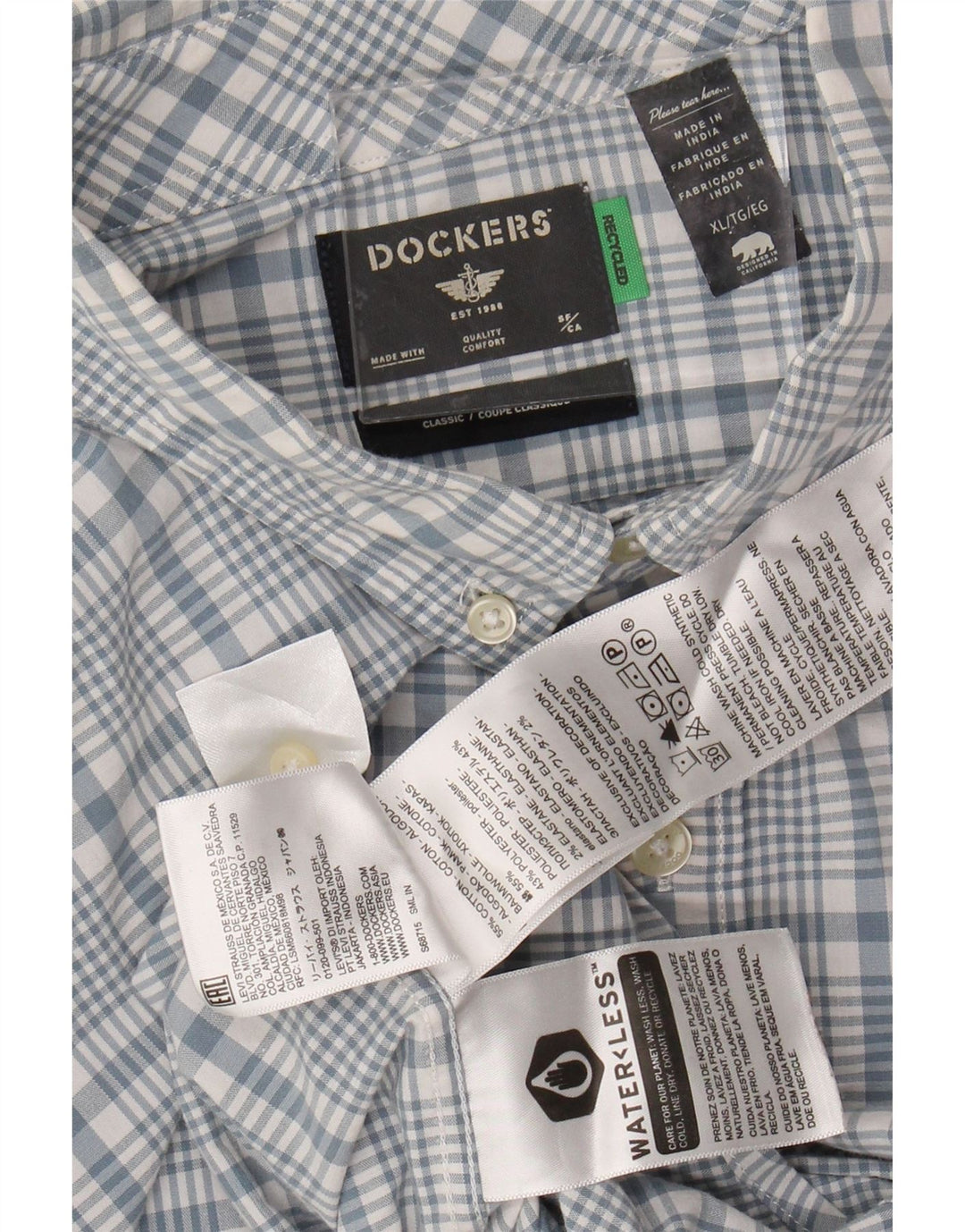 DOCKERS Herre Classic Fit skjorte XL blå ternet bomuld