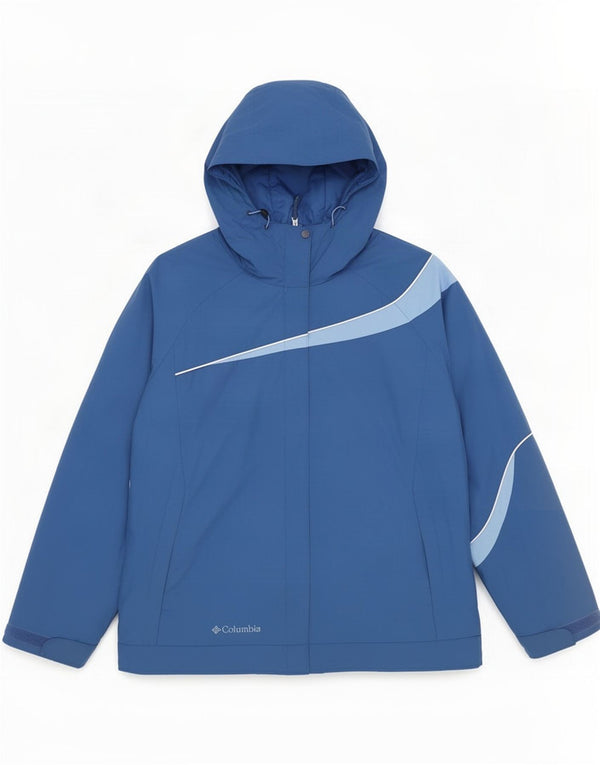 Columbia Regnjakke med hætte til kvinder UK 16 Large Blue Colourblock Nylon