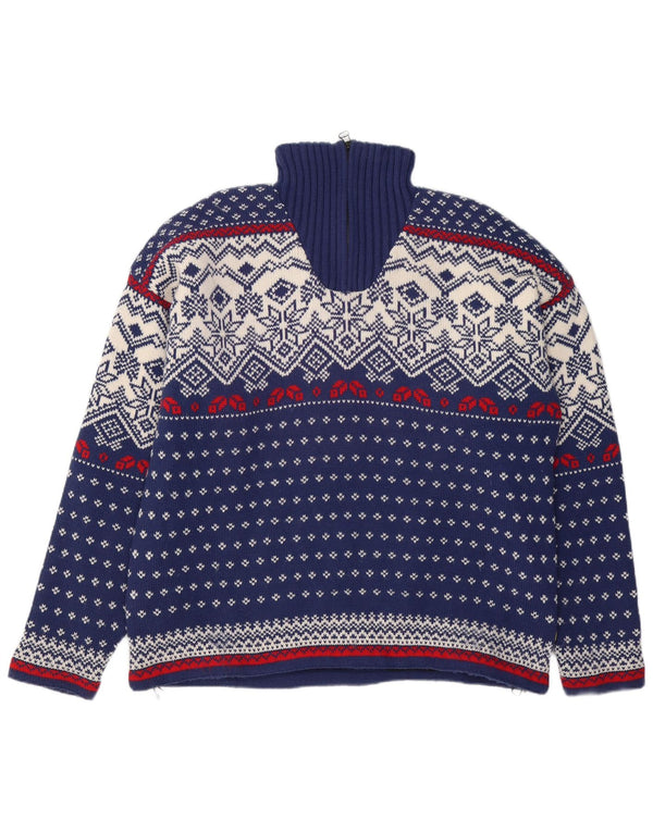 OCK Herre Zip Neck Jumper Sweater XL Navy Blue Fair Isle Wool