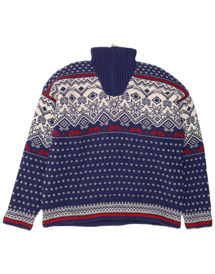 OCK Herre Zip Neck Jumper Sweater XL Navy Blue Fair Isle Wool