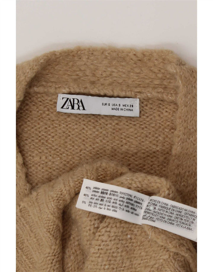 Zara Womens Crop Cardigan Sweater UK 10 Small Beige Polyester