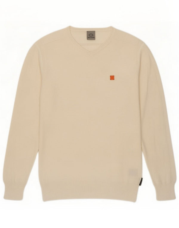 Harley Davidson Mens V-Neck Jumper Sweater Medium Off White Cotton