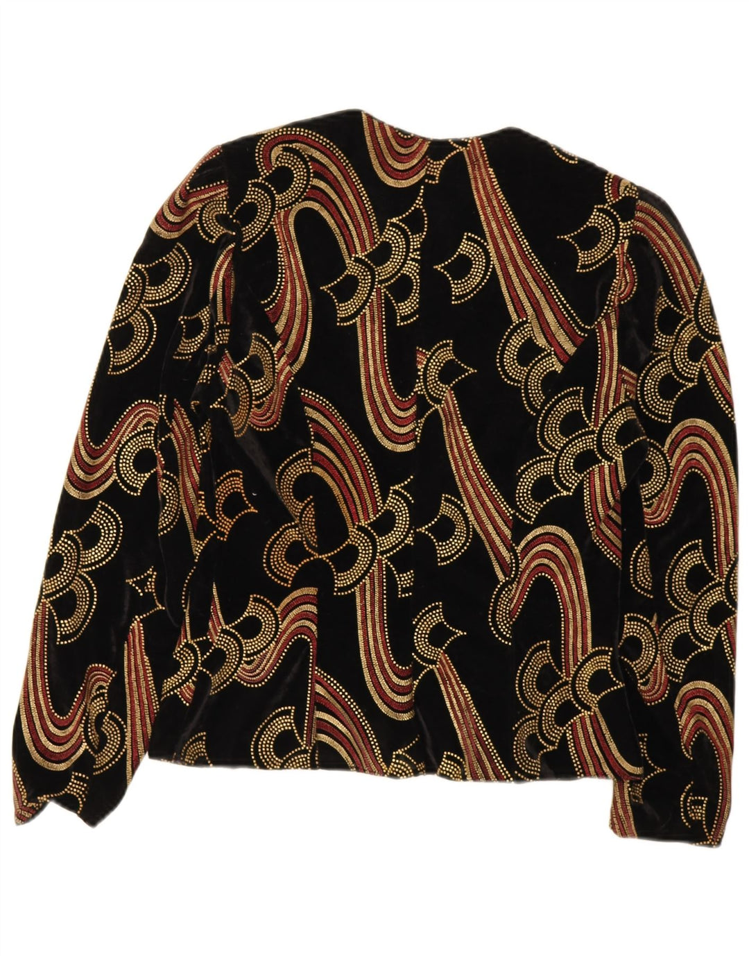 Vintage kvinders fløjl abstrakt mønster cardigan top UK 12 medium sort