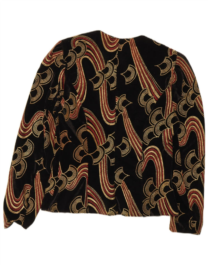 Vintage kvinders fløjl abstrakt mønster cardigan top UK 12 medium sort
