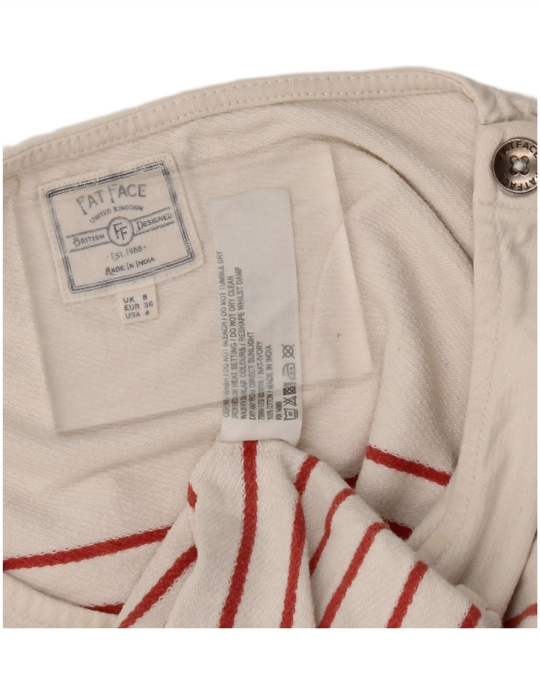 FAT FACE Dame Top Langærmet UK 8 Small Off White Stribet Bomuld