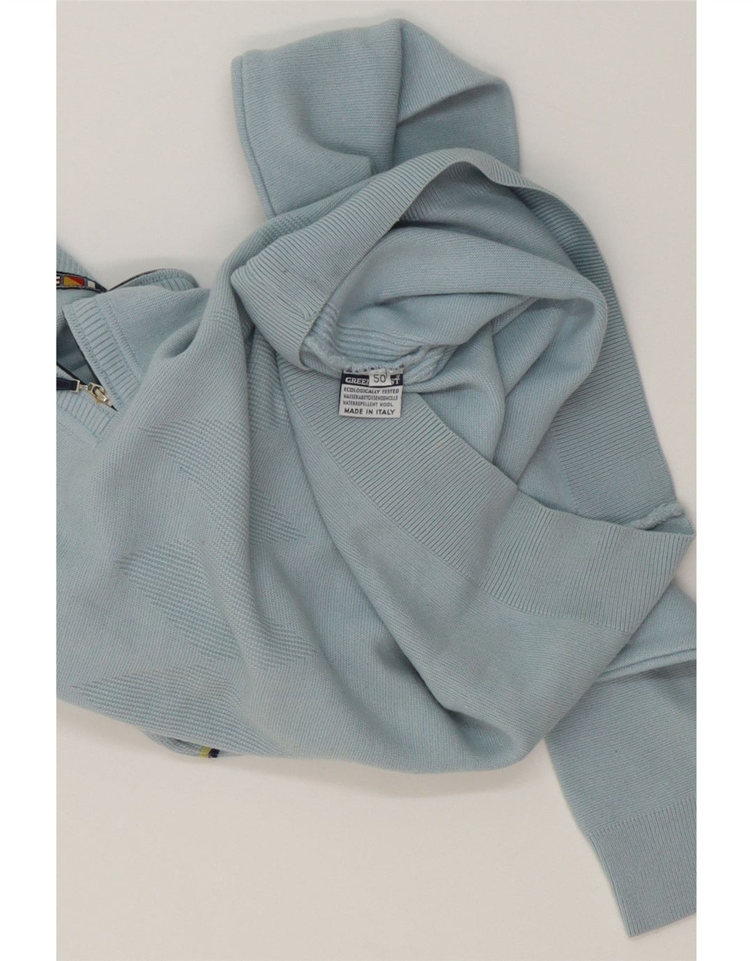 GREEN COAST Mens Zip Neck Jumper Sweater IT 50 Medium Blue Wool Vintage Green Coast and Second-Hand Green Coast from Messina Hembry 
