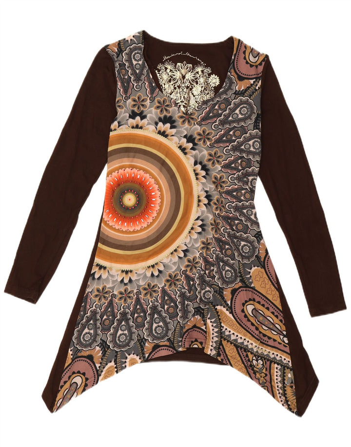 DESIGUAL Dame Grafisk Asymmetrisk Tunika Top UK 10 Small Brown Floral