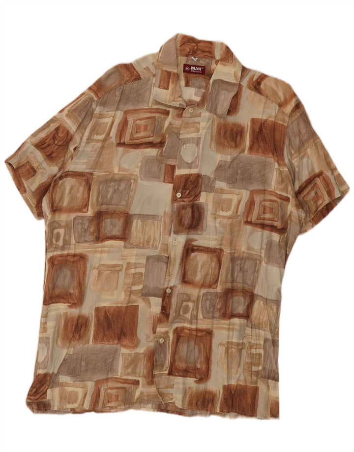 Vintage Kortærmet Herreskjorte XL Brun Patchwork Viscose