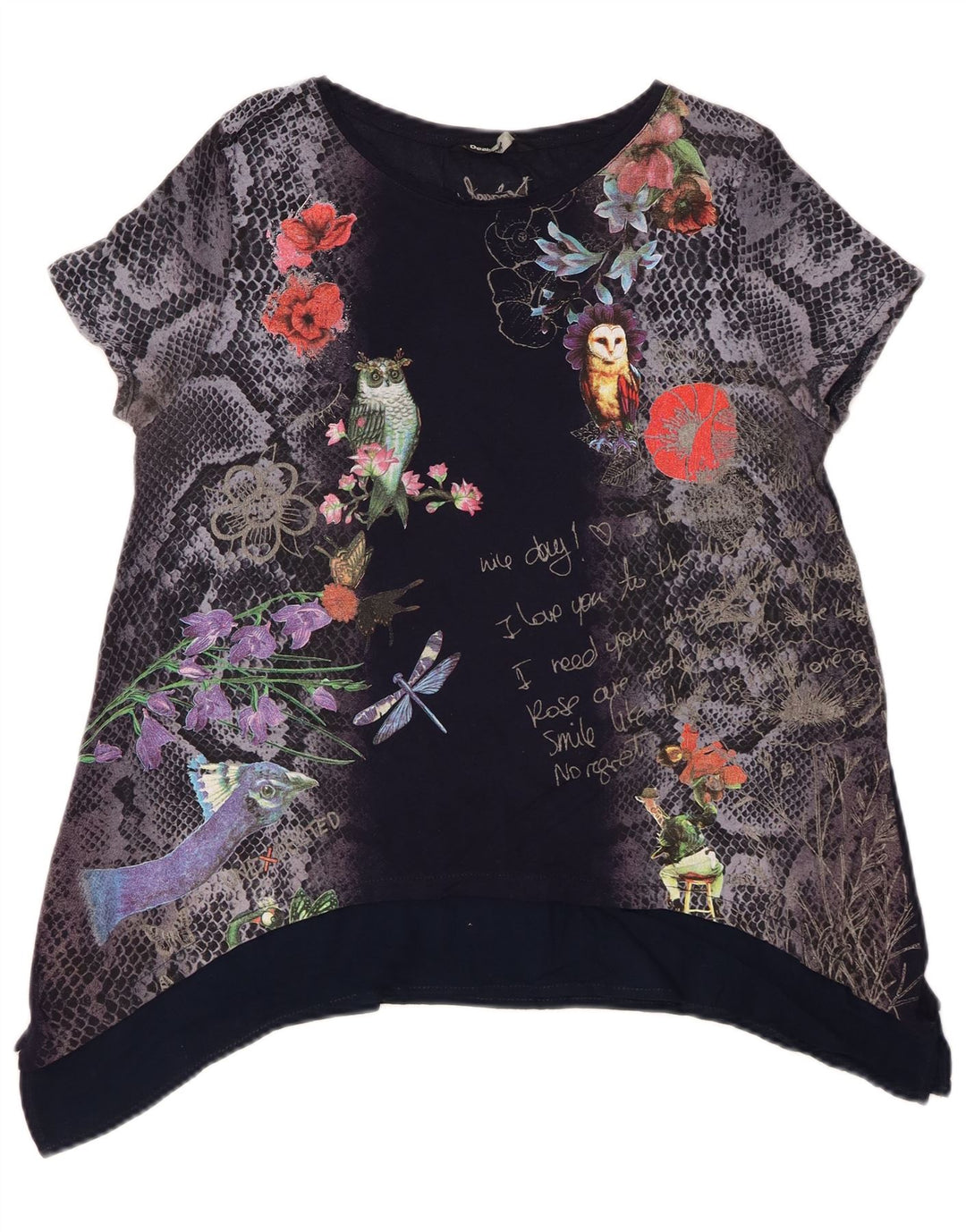 Desigual Dame Grafisk Tunika Top UK 14 Medium Navy Blue Floral