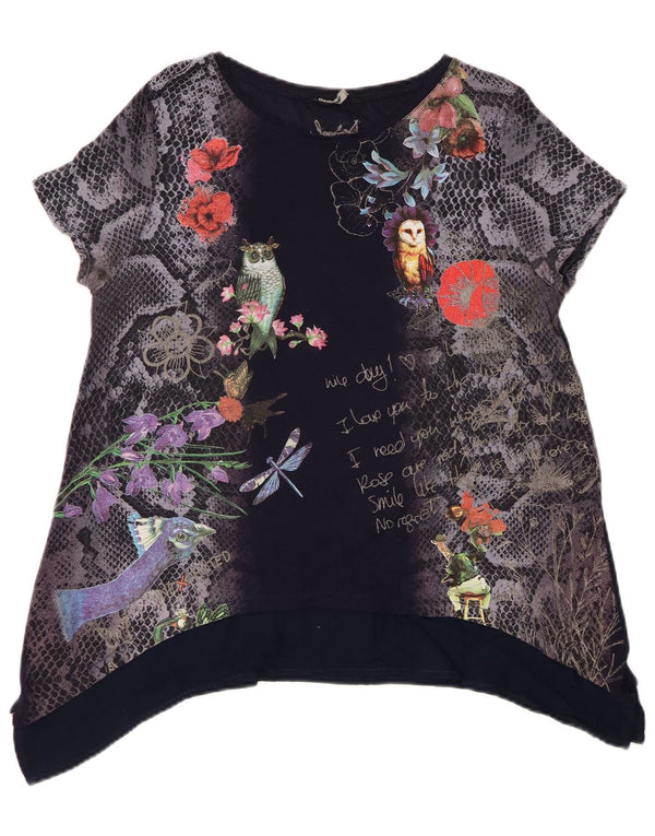 Desigual Dame Grafisk Tunika Top UK 14 Medium Navy Blue Floral