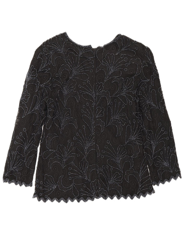 Vintage Dame Langærmet Regular Bluse Top UK 8 Small Black Floral Silke