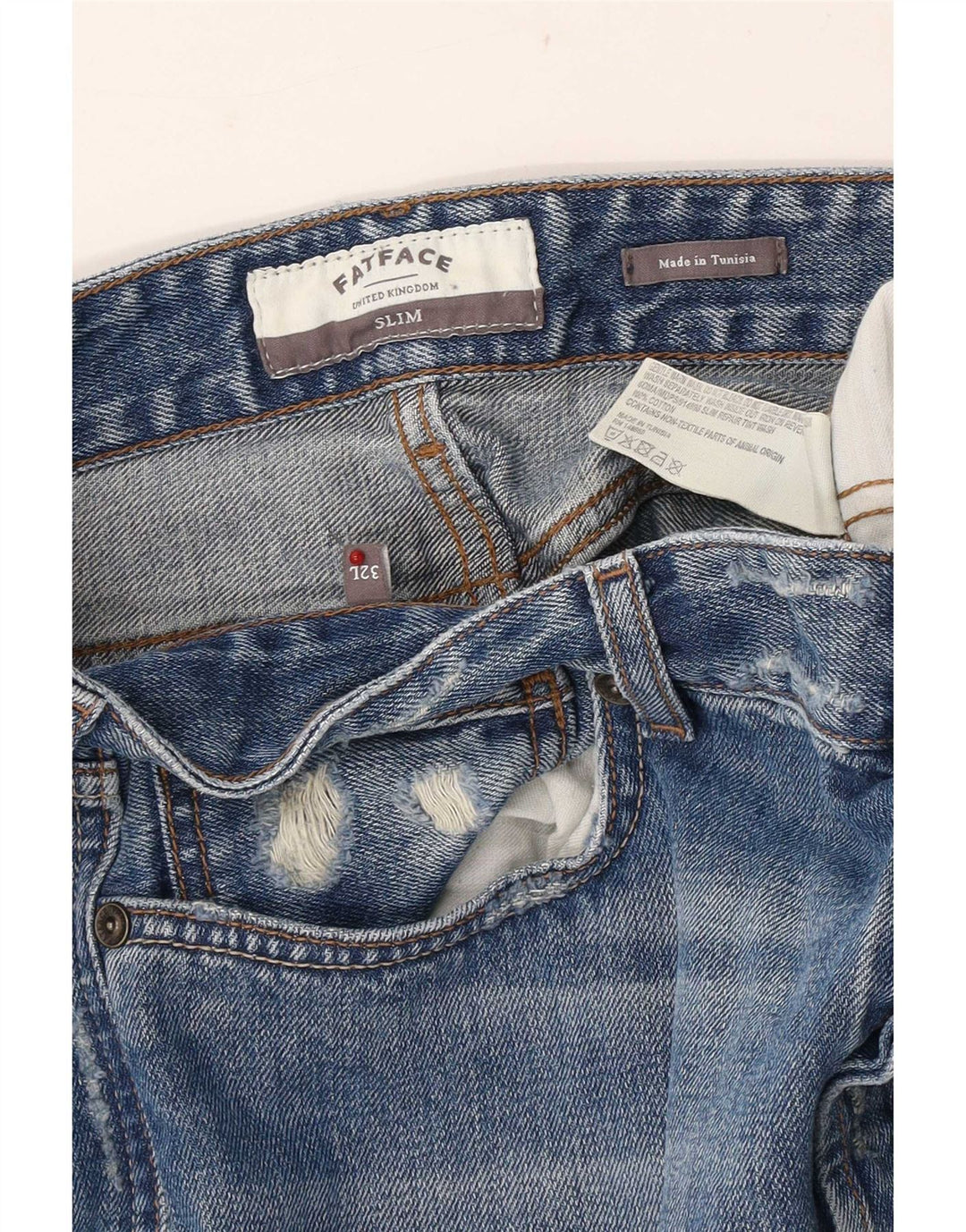 Fat Face Mænd Distressed Slim Jeans W32 L33 Blå Bomuld