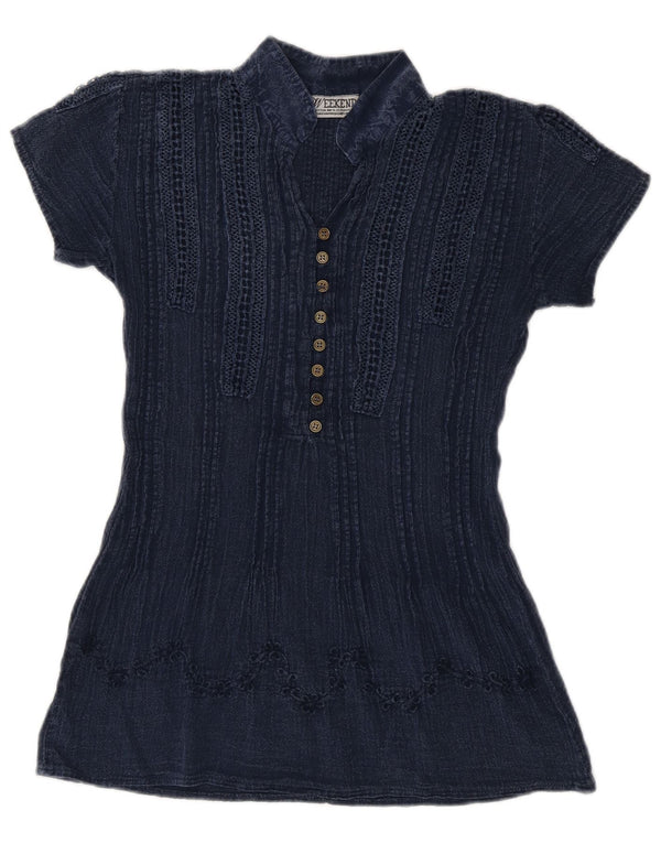 Vintage Dame bluse Top UK 10 Small Navy Blue Bomuld