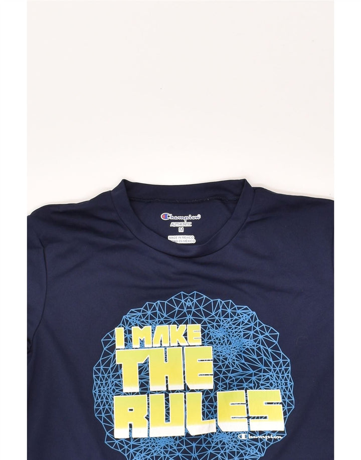 CHAMPION Boys Graphic T-Shirt Top 11-12 Years Medium Navy Blue Polyester | Vintage Champion | Thrift | Second-Hand Champion | Used Clothing | Messina Hembry 