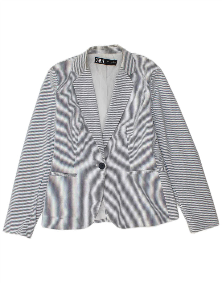 Zara Dame 1 Knap Blazer Jakke EU 36 Lille Blå Nålestribet Bomuld