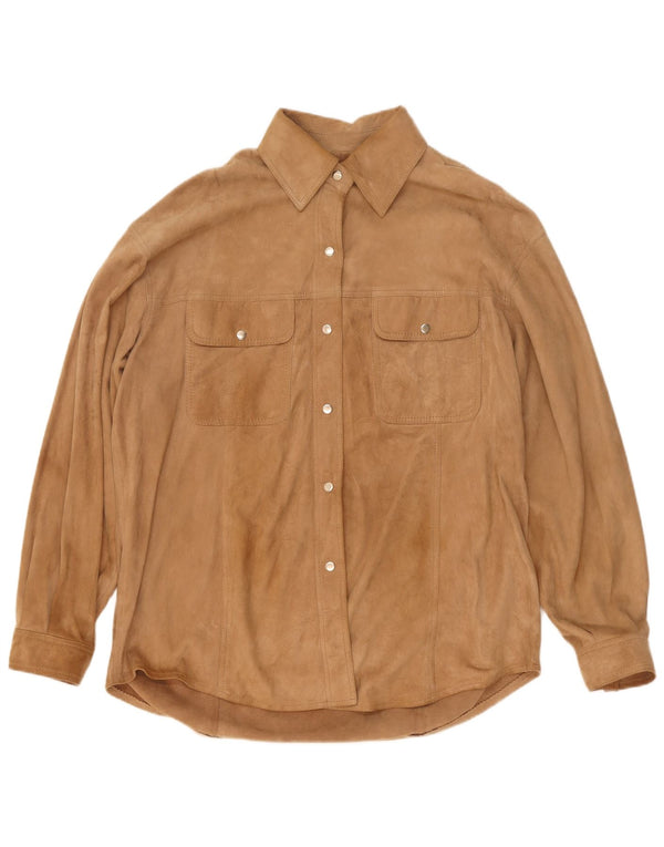 Vintage Womens Oversized Overshirt Suede Shirt UK 16 Large Beige Leather