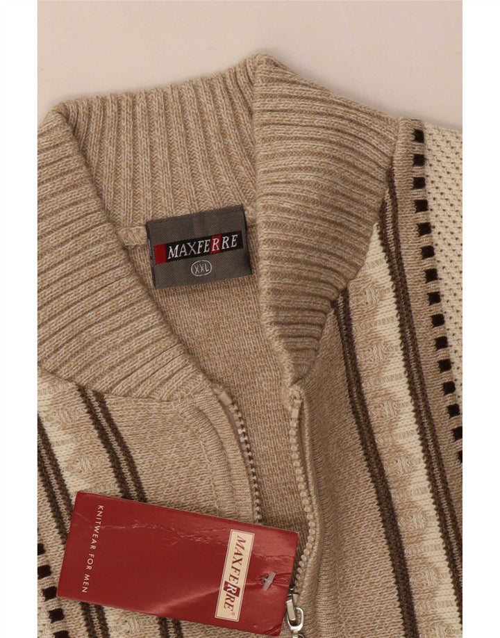 Maxferre Herre Cardigan Sweater med fuld lynlås 2XL Beige Geometrisk Akryl