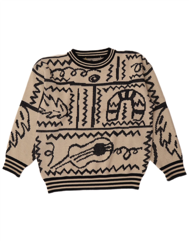 Vintage herre abstrakt mønster rund hals sweater stor beige