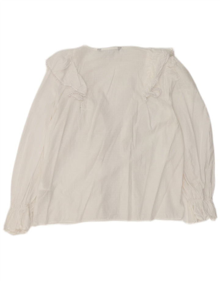 Zara Dame Flæse Front Langærmet Bluse Top UK 10 Small White Bomuld