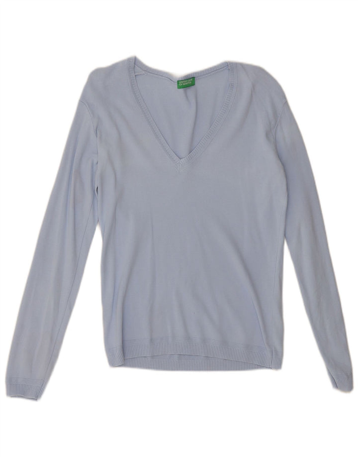 Benetton Dame V-hals sweater UK 12 Medium Blue Bomuld