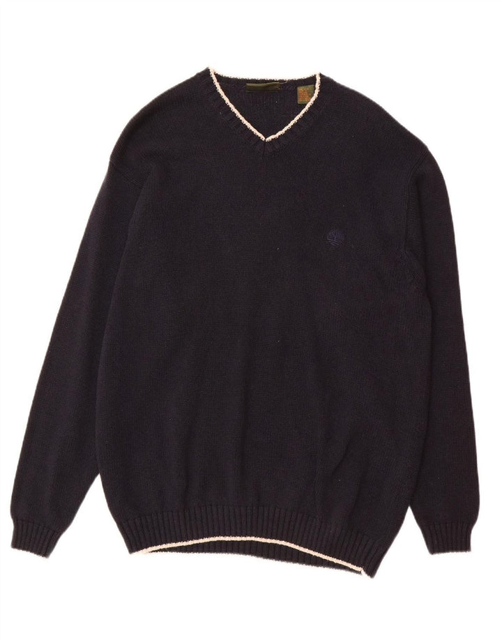 TIMBERLAND Mens V-Neck Jumper Sweater Large Navy Blue Cotton