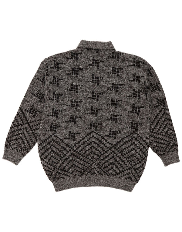 Vintage Herre Polo Neck Jumper Sweater IT 50 Medium Grå Geometrisk Akryl