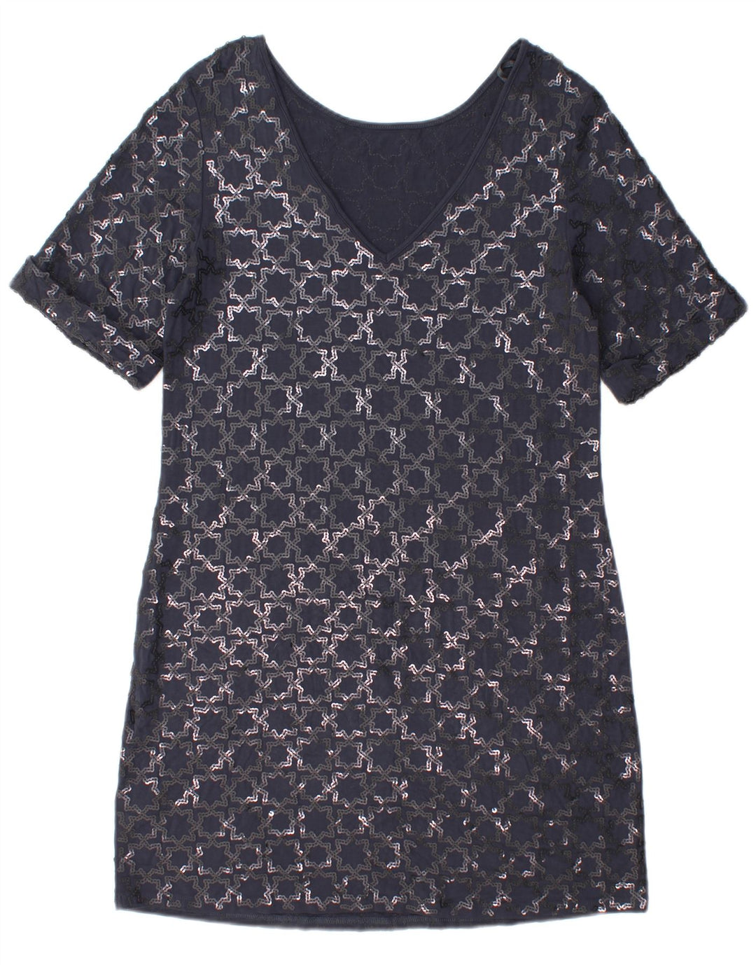 Monsoon Kvinder Kortærmet Skift Kjole UK 12 Medium Navy Blue Geometrisk