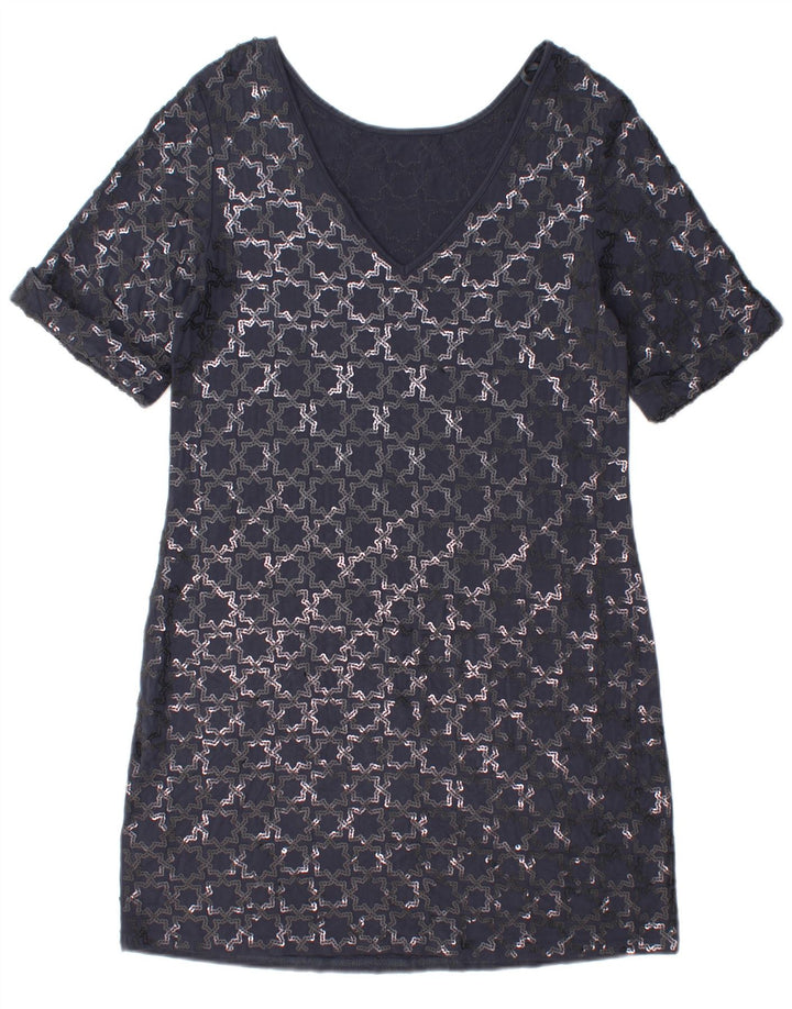 Monsoon Kvinder Kortærmet Skift Kjole UK 12 Medium Navy Blue Geometrisk
