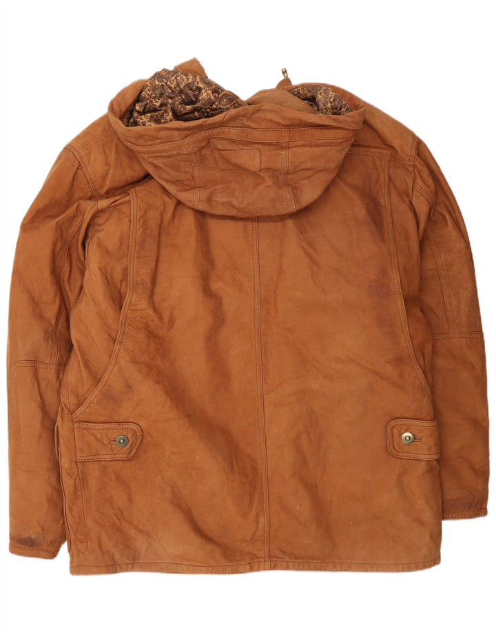 VINTAGE Læderjakke med hætte til mænd EU 54 2XL Brunt læder