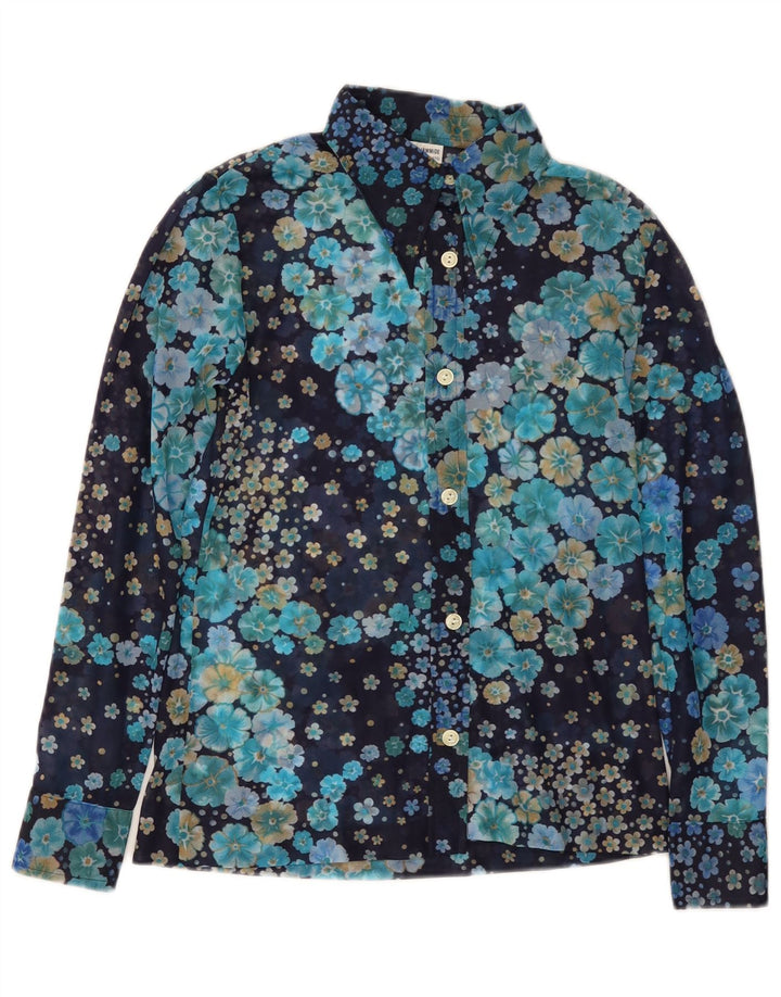 VINTAGE skjortebluse til kvinder UK 10 Lille marineblå blomsterpolyamid