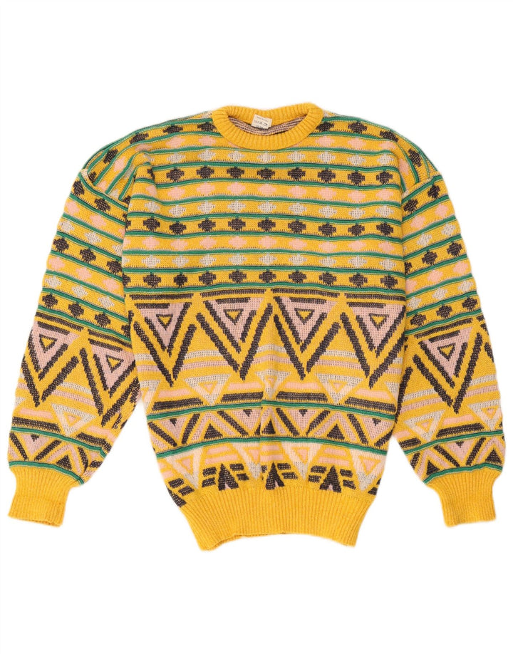 Vintage sweater med rund hals til mænd mellem gul geometrisk bomuld