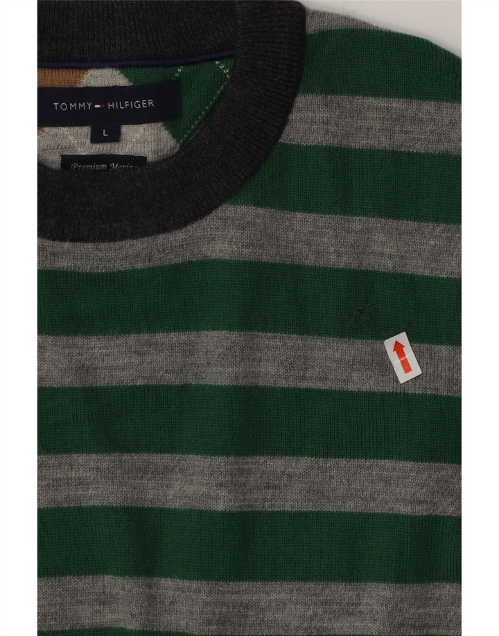 Tommy Hilfiger Herre Jumper Sweater med rund hals Stor grøn stribet uld