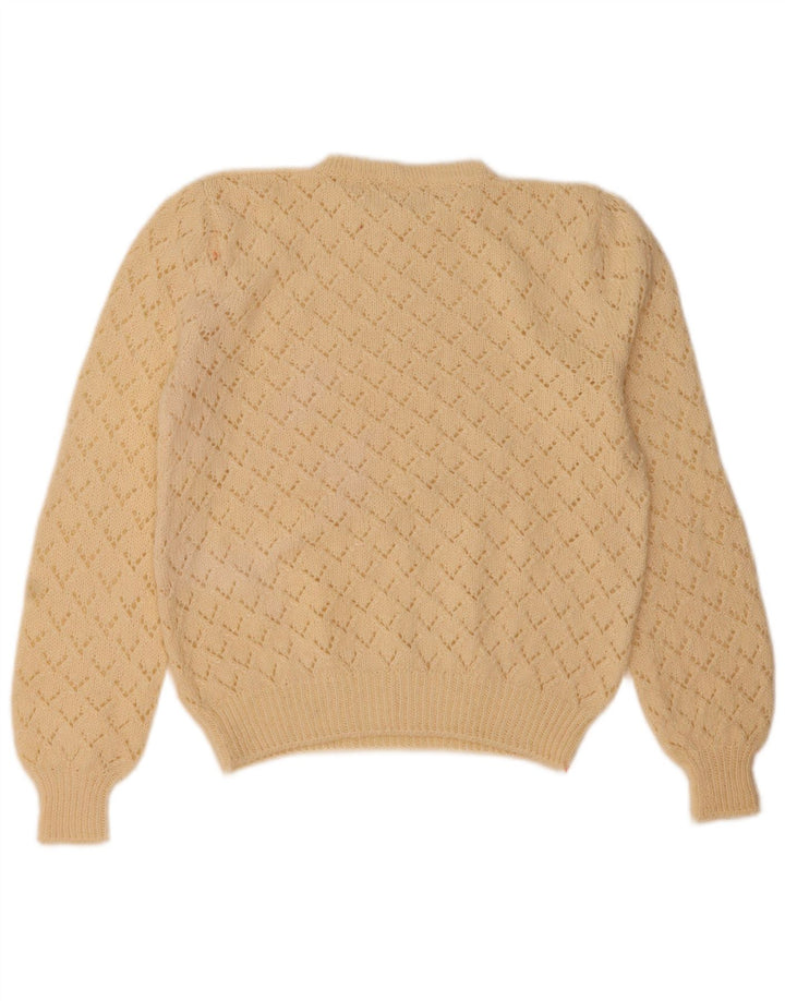 Vintage dame sweater med rund hals DK 14 Medium Beige Geometrisk