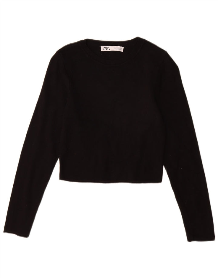 Zara Womens Crop Top Langærmet UK 14 Large Black Viscose