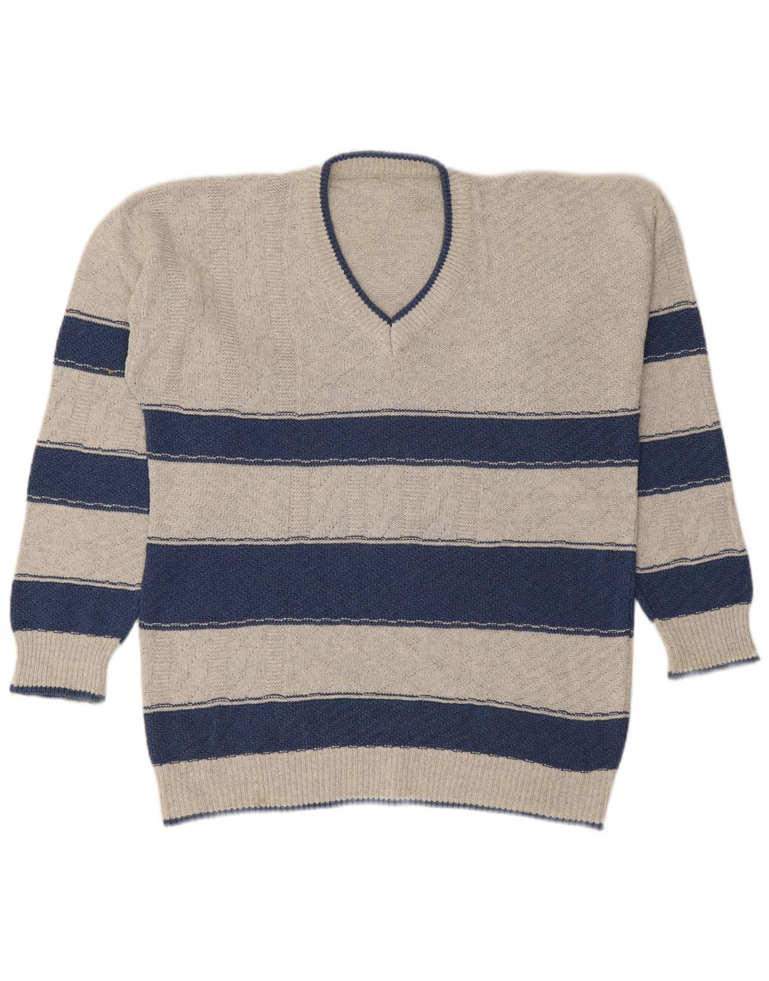 VINTAGE Herre V-hals sweater Stor grå stribet