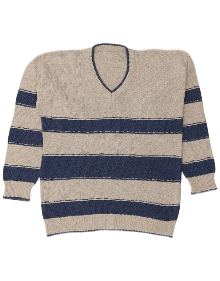 VINTAGE Herre V-hals sweater Stor grå stribet