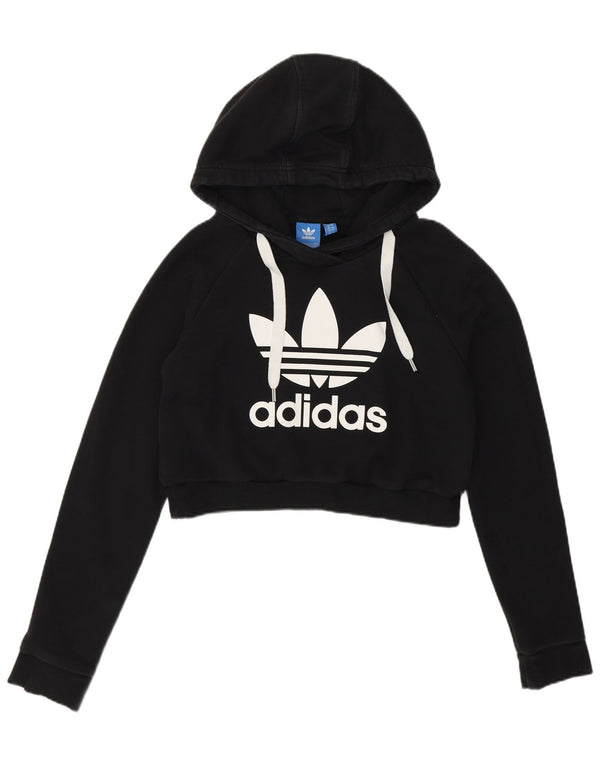 Adidas Womens Crop Graphic Hoodie Jumper UK 10 Small Black Bomuld